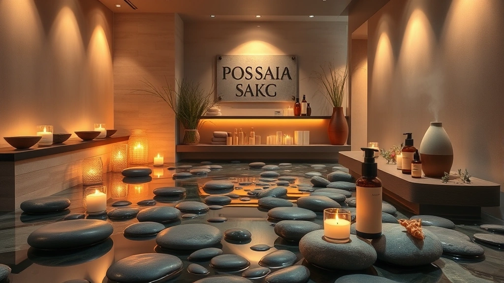 Serene spa facility interior with warm lighting, smooth river stones, and essential oil diffusers creating atmospheric ambiance, featuring spa products and natural botanical elements in muted tones