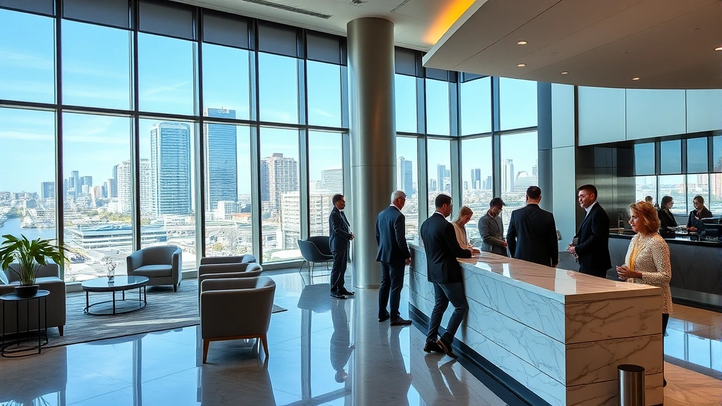 Modern downtown hotel lobby with contemporary furniture, large windows showing city skyline, guests checking in at marble reception desk, natural lighting, professional and welcoming atmosphere
