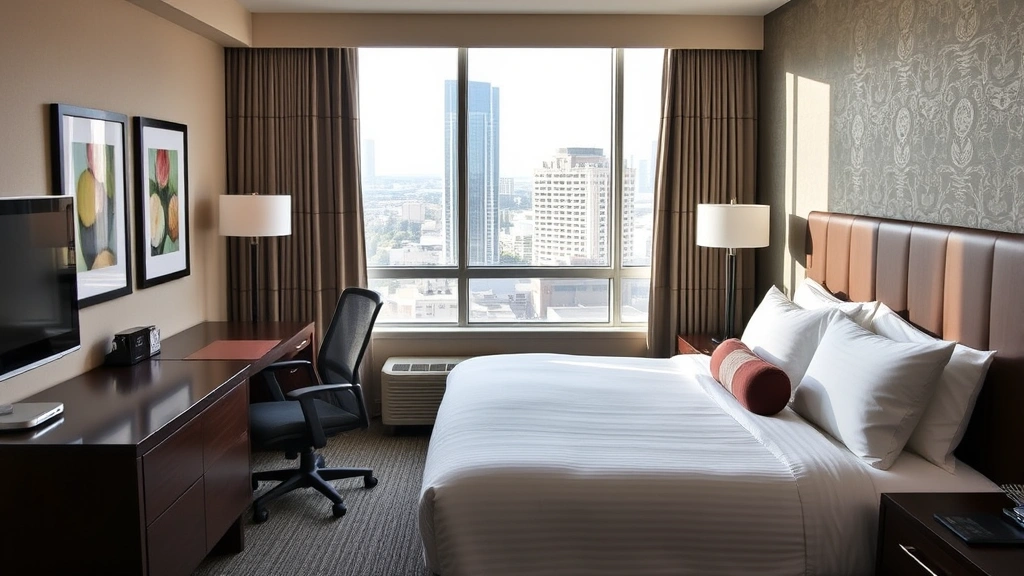 Comfortable downtown hotel guest room with city view through large windows, well-made bed with quality linens, functional workspace with desk and ergonomic chair, contemporary decor, clean and organized