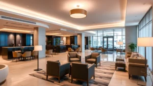 Modern hotel lobby with contemporary furniture, warm lighting, and comfortable seating areas, no signage or text visible, professional hospitality atmosphere