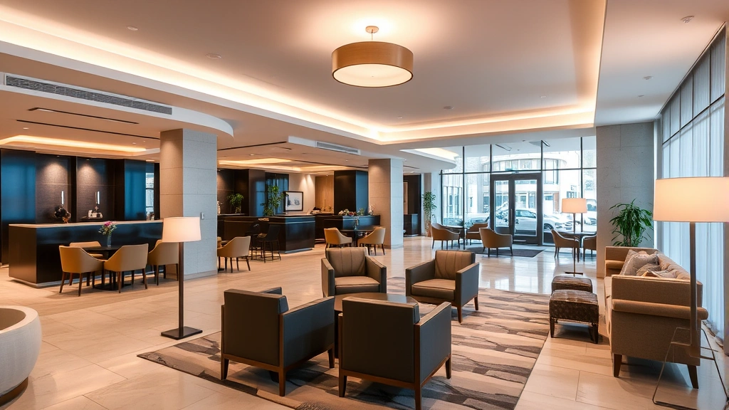 Modern hotel lobby with contemporary furniture, warm lighting, and comfortable seating areas, no signage or text visible, professional hospitality atmosphere