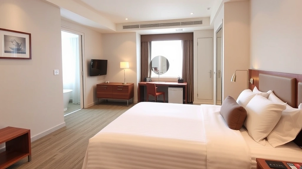 Spacious hotel room interior with neatly made bed, work desk, and clean bathroom visible in background, natural window lighting, minimal decor