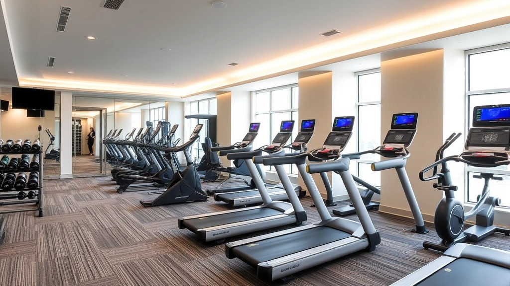 Hotel fitness center with exercise equipment, treadmills, and weight training stations, bright lighting, clean facility with no people or identifying markers