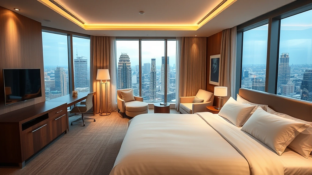 Modern luxury hotel room with contemporary furnishings, crisp white bedding, floor-to-ceiling windows overlooking city skyline, minimalist design aesthetic, warm ambient lighting, empty space emphasizing comfort and cleanliness