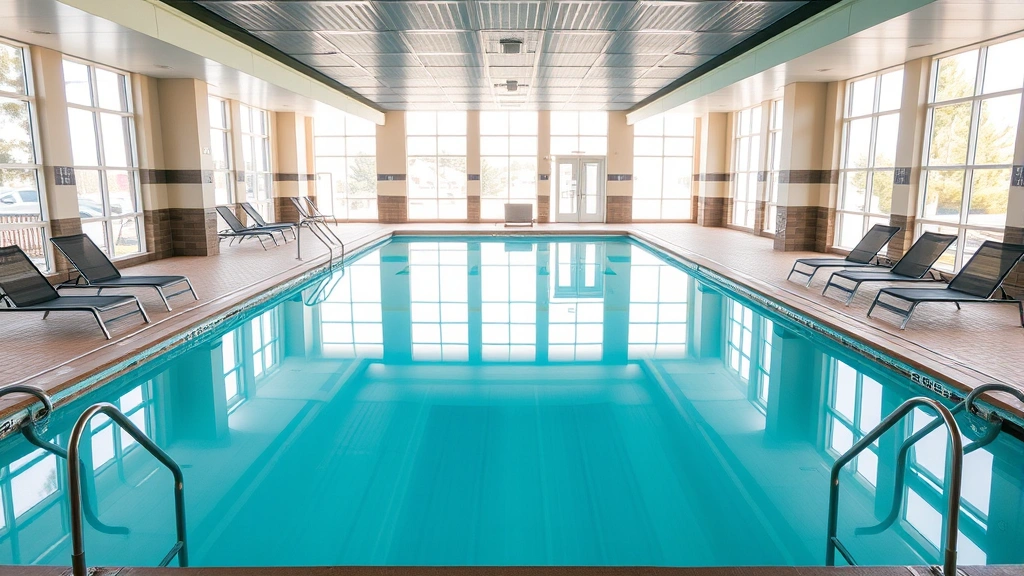 Elegant indoor swimming pool facility with clear turquoise water, lounge chairs surrounding deck area, contemporary tile work, large windows providing natural light, professional maintenance visible, inviting relaxation atmosphere without people