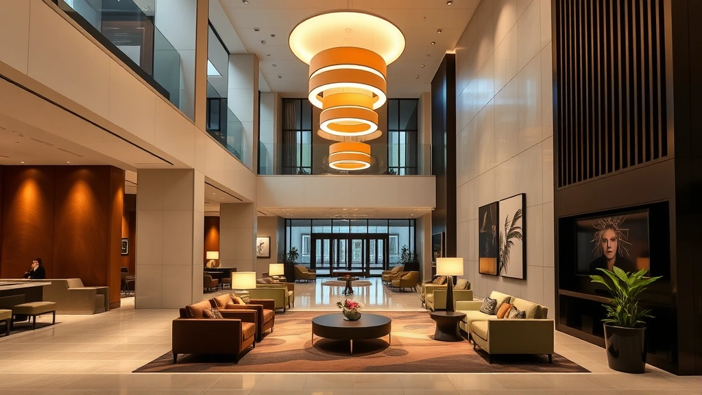 Contemporary hotel lobby or common area featuring sleek architectural design, comfortable seating arrangements, warm lighting fixtures, modern art installations, professional yet welcoming ambiance, clean lines and upscale materials throughout