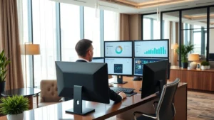 Modern hotel property manager at desk with multiple monitors displaying booking reservations and guest information dashboard, professional office environment with contemporary furnishings and natural lighting from windows