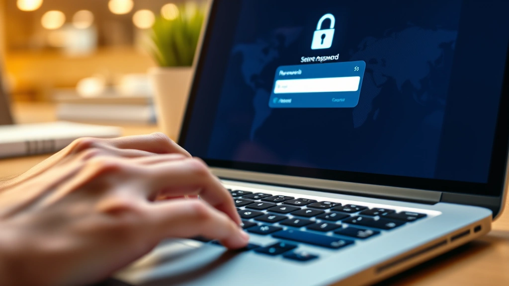 Close-up of hands typing on laptop keyboard with secure login interface visible on screen, showing authentication process and password entry field, warm office lighting