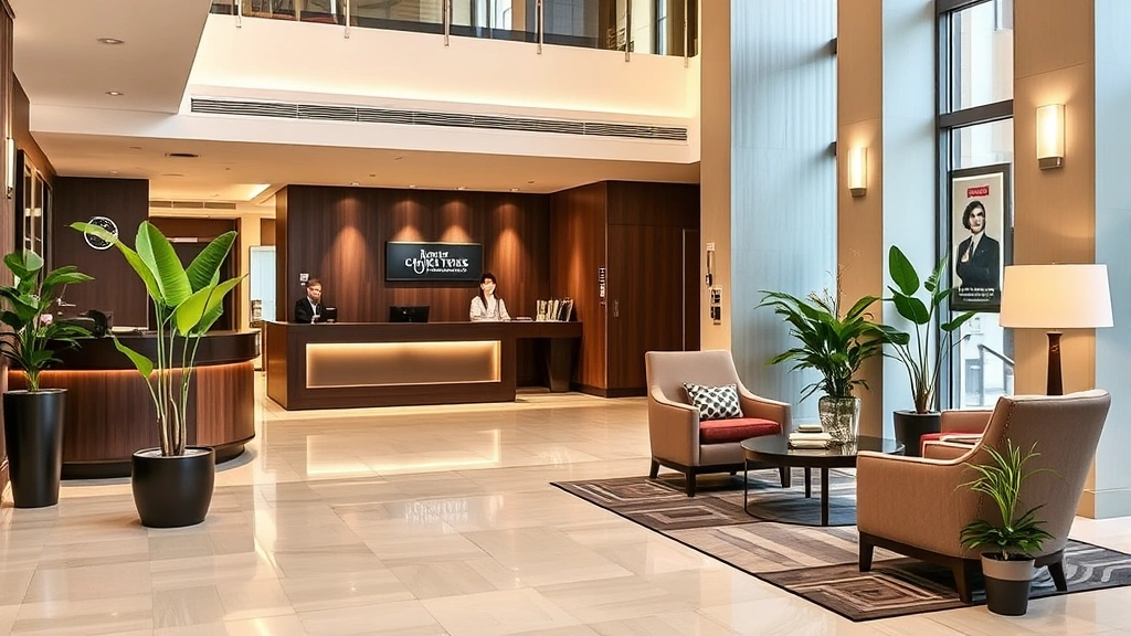 Hotel lobby with professional front desk area and guest check-in counter, modern hospitality setting with comfortable seating areas, potted plants, and welcoming atmosphere for arriving guests
