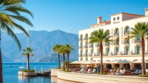 Sunny waterfront hotel exterior with blue lake and mountain backdrop, Mediterranean architecture, palm trees framing the building, guests relaxing on outdoor terrace