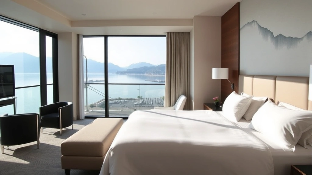 Modern hotel bedroom with white bedding, large window overlooking calm lake waters, balcony view of distant mountains and waterfront promenade, contemporary furnishings