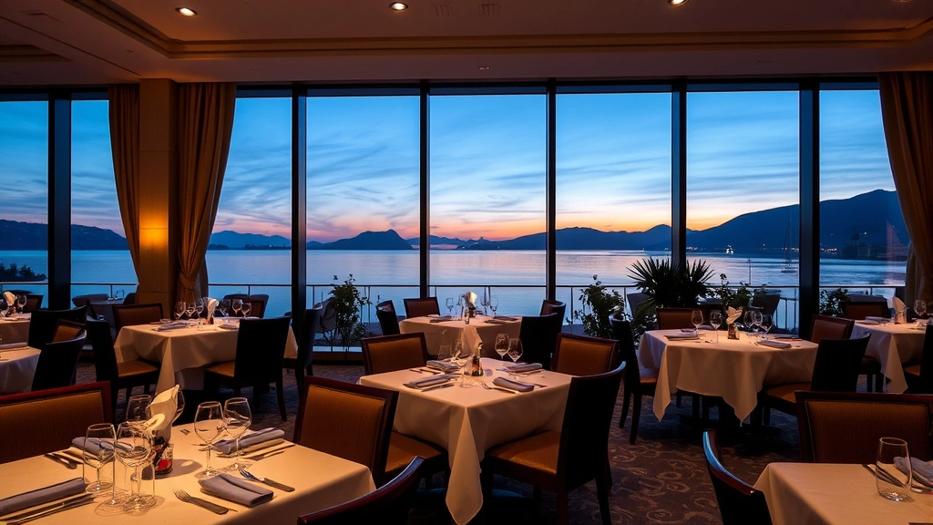 Hotel restaurant dining area with white tablecloths, floor-to-ceiling windows showing Lake Garda sunset, elegant Italian interior design, warm evening lighting