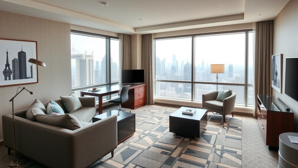 Modern hotel executive suite living room with comfortable seating, work desk, contemporary furnishings, and large windows overlooking city skyline, professional business traveler workspace