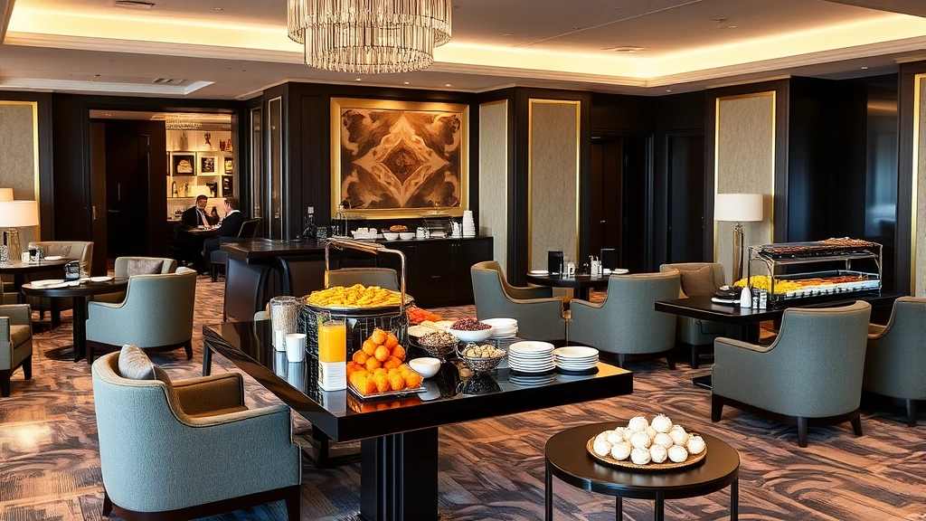 Upscale hotel executive lounge with elegant seating areas, breakfast buffet spread, complimentary beverages and snacks displayed, guests enjoying amenities in sophisticated interior design
