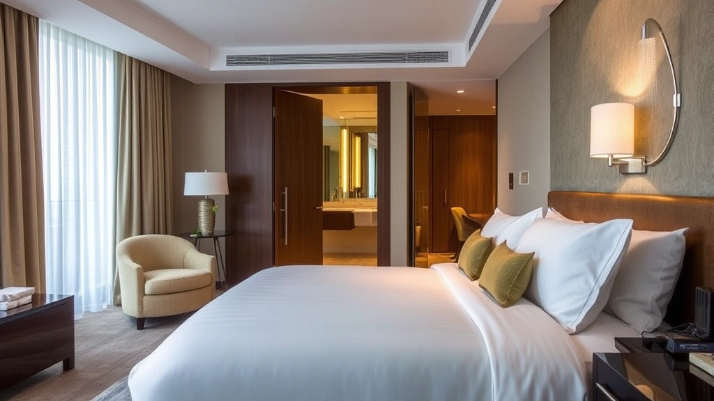 Luxury hotel suite bedroom with premium bedding, rainfall showerhead visible through open bathroom door, elegant furnishings, soft lighting, peaceful relaxation environment