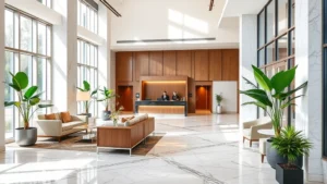 Modern hotel lobby with marble flooring, contemporary furniture, and natural light from large windows, featuring a check-in desk with professional staff, potted plants, and warm welcoming atmosphere