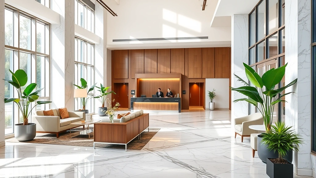 Modern hotel lobby with marble flooring, contemporary furniture, and natural light from large windows, featuring a check-in desk with professional staff, potted plants, and warm welcoming atmosphere