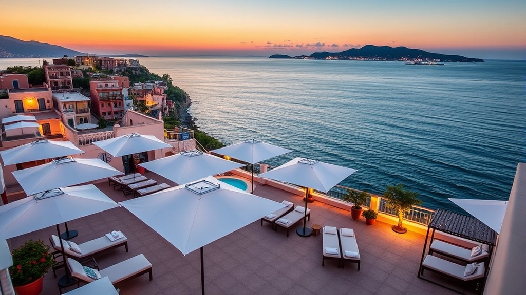 Waterfront hotel terrace overlooking the Tyrrhenian Sea with white umbrellas, comfortable lounge chairs, Mediterranean-style architecture, sunset lighting, and distant coastal town buildings