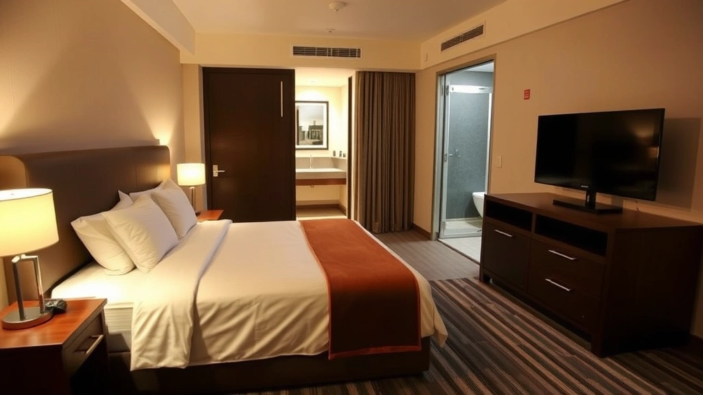Spacious hotel guest room with queen bed, modern bedding, desk workspace, flat-screen television, open bathroom with shower, and warm ambient lighting creating comfortable overnight accommodation