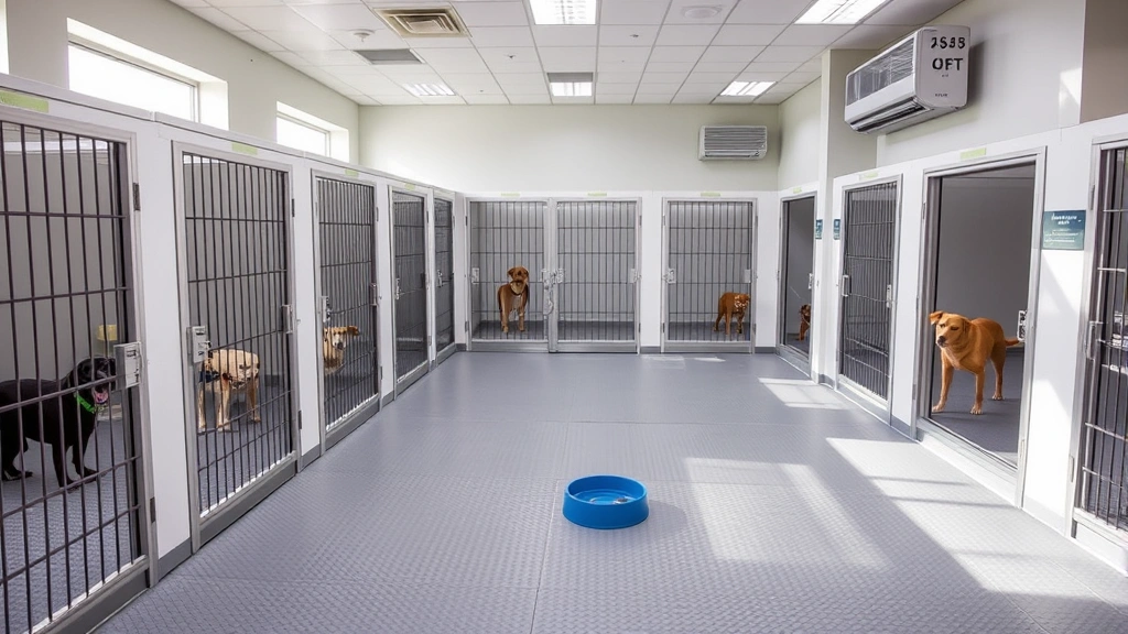 Modern animal shelter interior with multiple large kennels featuring non-slip flooring, natural lighting from windows, and climate control units visible on walls. Dogs visible in clean, well-designed enclosures with toys and water bowls. Professional kennel setup with metal bars and secure doors.