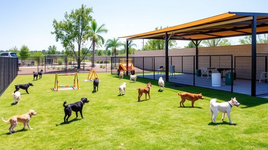 Bright outdoor dog play area at shelter with grass, agility equipment, shade structures, and water stations. Multiple dogs playing safely in designated zones separated by fencing. Sunny day with clear sky, professional landscaping around exercise yard.