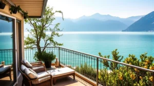 Serene lakeside hotel balcony overlooking crystal-clear turquoise waters of Lake Garda, Italian Alps mountains in misty background, comfortable lounge chairs with white cushions, Mediterranean garden with lemon trees, golden afternoon light