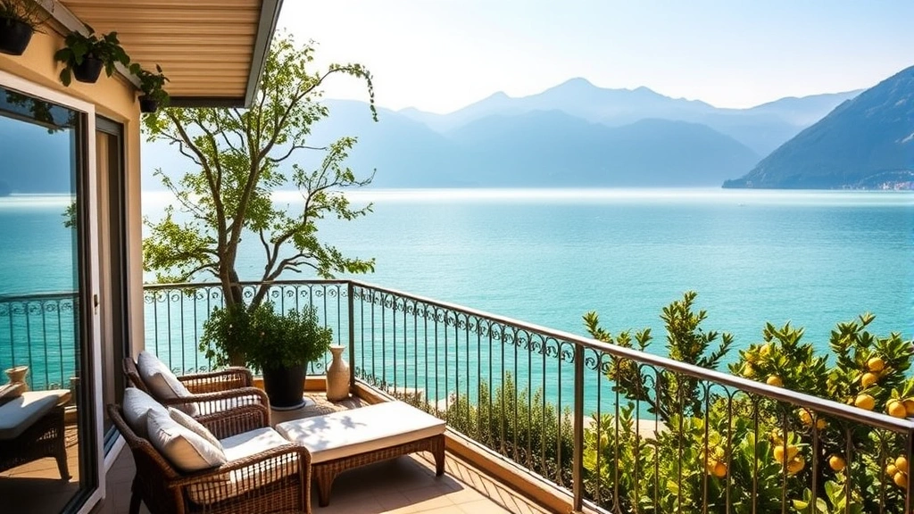 Serene lakeside hotel balcony overlooking crystal-clear turquoise waters of Lake Garda, Italian Alps mountains in misty background, comfortable lounge chairs with white cushions, Mediterranean garden with lemon trees, golden afternoon light