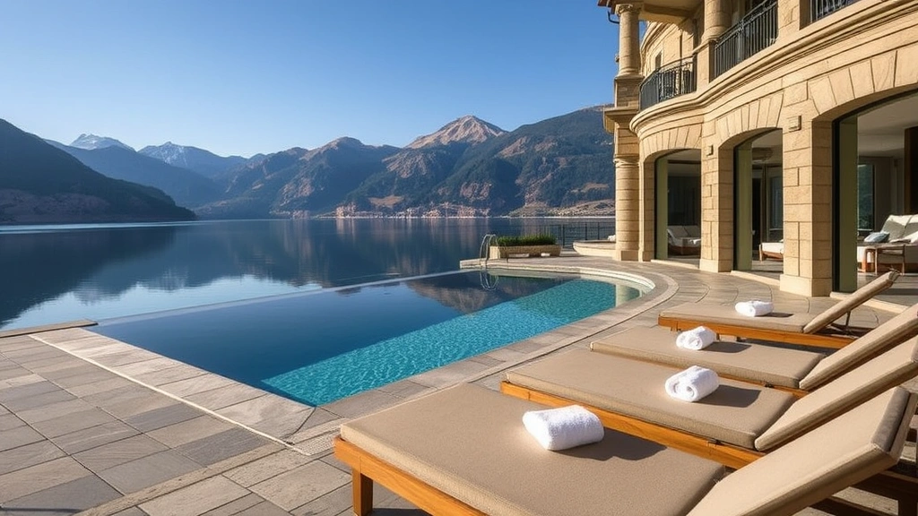 Elegant hotel spa and wellness area with heated pool overlooking the lake, stone terraces, comfortable sunbeds with white towels, Alpine mountain peaks reflected in still water, luxury resort architecture