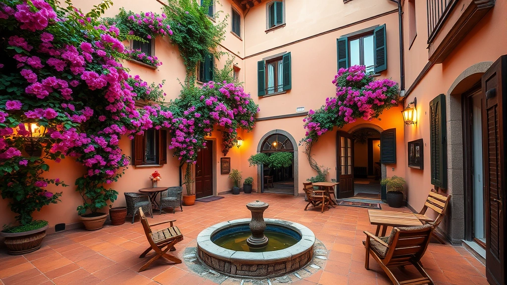 Charming Italian hotel courtyard with traditional architecture, warm terracotta tiles, flowering bougainvillea climbing walls, small fountain, rustic wooden furniture, cozy ambiance perfect for evening relaxation