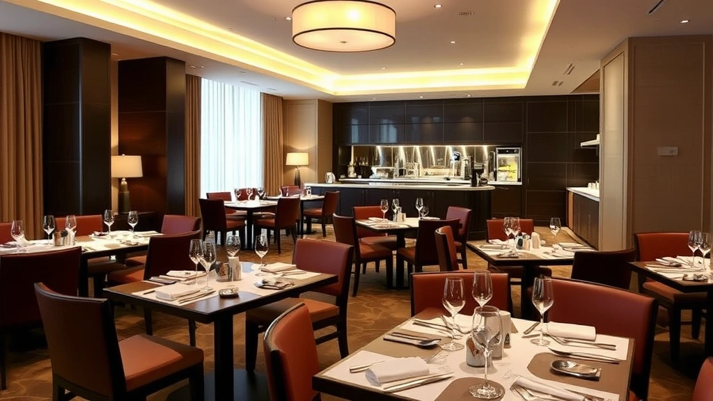 Elegant hotel dining area with comfortable seating, warm ambient lighting, professionally set tables with quality place settings, and visible kitchen service area
