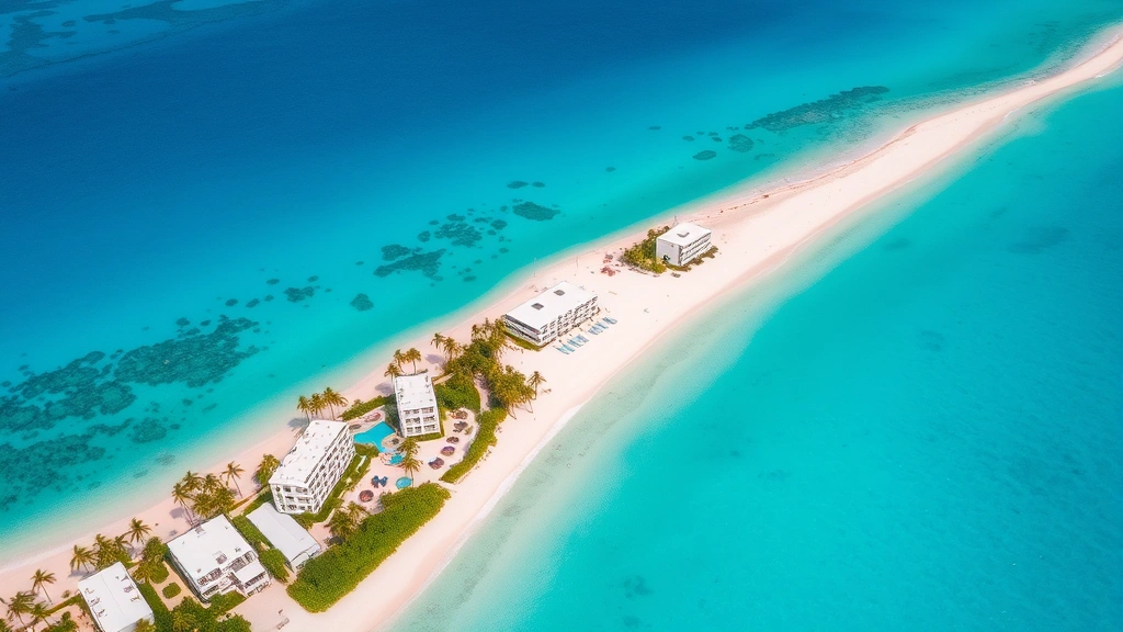Aerial view of pristine turquoise Caribbean waters surrounding a luxury beachfront resort with white sand beach and palm trees, showing multiple white buildings with ocean views and a private beach club area