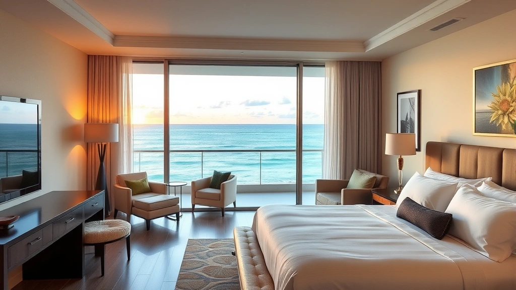 Modern hotel room interior with ocean view balcony, contemporary furnishings, king bed with white linens, elegant décor, and Caribbean coastal scenery visible through large windows at sunset