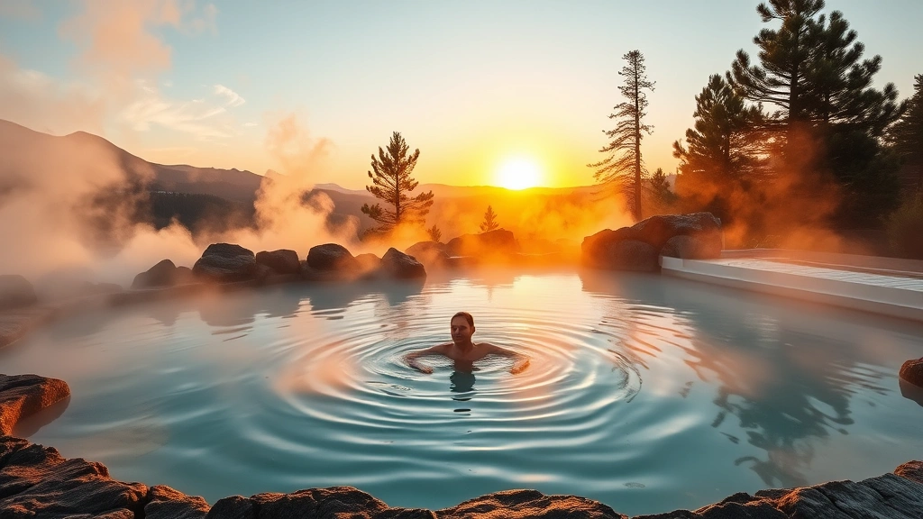 Serene outdoor hot spring pool surrounded by steam mist, natural rock formations, and pine trees, guest in mineral-rich turquoise water at sunset, photorealistic, no people faces visible, peaceful mountain landscape background