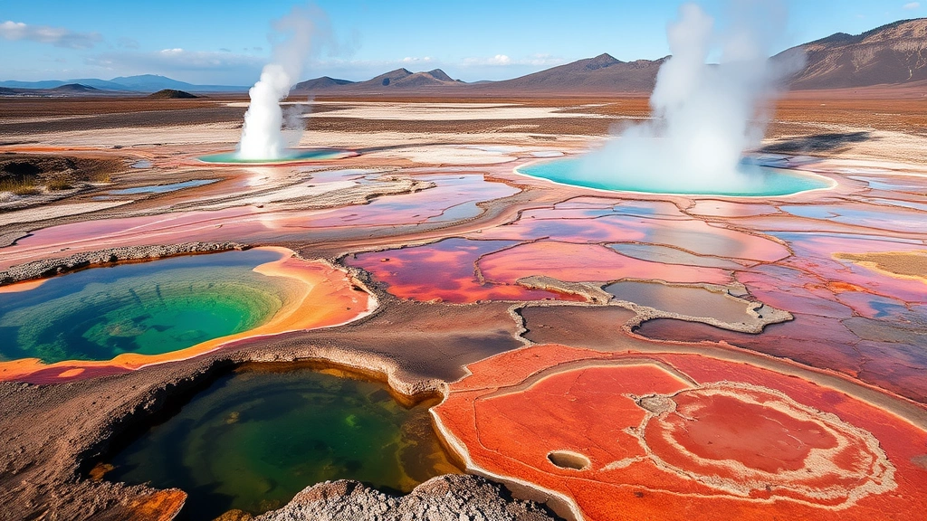 Dramatic geothermal landscape with natural hot spring features, colorful mineral deposits, steam vents, and natural pools in volcanic terrain, pristine untouched nature photography, midday lighting, wide scenic vista