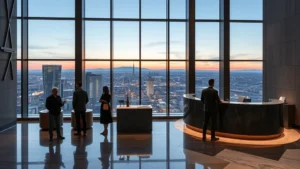 Modern luxury hotel lobby in Sapporo with contemporary Japanese design, marble floors, and floor-to-ceiling windows overlooking city skyline at dusk, guests checking in at elegant reception desk