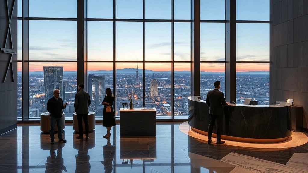 Modern luxury hotel lobby in Sapporo with contemporary Japanese design, marble floors, and floor-to-ceiling windows overlooking city skyline at dusk, guests checking in at elegant reception desk