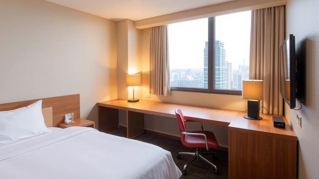 Comfortable mid-range hotel room with queen bed, work desk, city view from window, warm lighting, and contemporary minimalist decor in downtown Sapporo location
