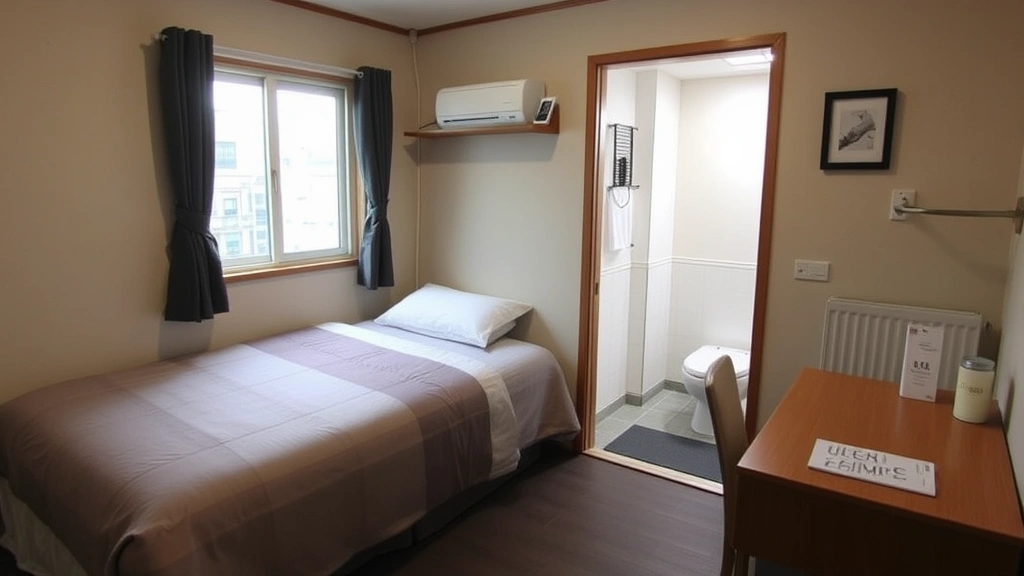 Cozy budget hotel room with clean simple furnishings, functional bathroom visible through doorway, small window with city view, Japanese-style elements, welcoming atmosphere for budget travelers