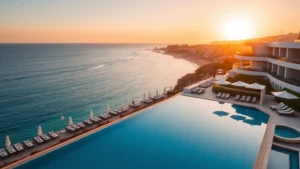 Luxurious Mediterranean beachfront hotel resort with infinity pool overlooking azure sea, modern architecture, lounge chairs, white umbrellas, Spanish coastal landscape at golden hour