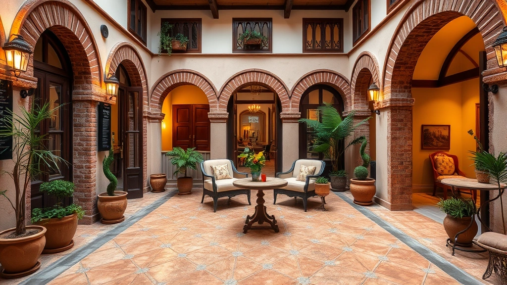 Charming Spanish boutique hotel interior courtyard with traditional ceramic tiles, Moorish architecture, potted plants, arched doorways, intimate seating area, warm Mediterranean lighting