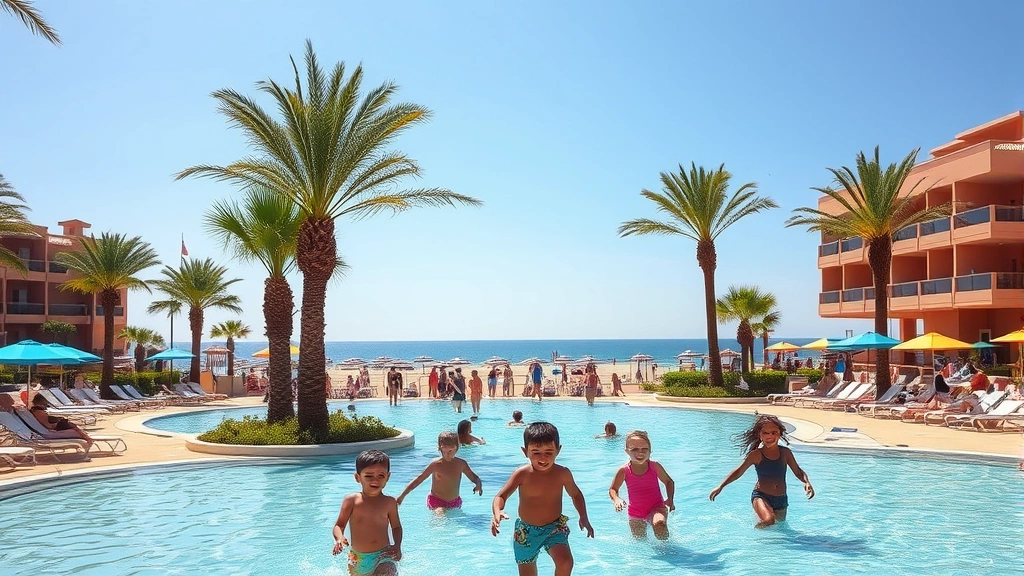 Family-friendly Spanish beach resort pool area with children playing, palm trees, colorful umbrellas, beach access in background, sunny day, happy vacation atmosphere
