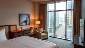 Modern hotel room interior with contemporary furnishings, warm lighting, and comfortable bed overlooking city street from high floor, urban apartment view