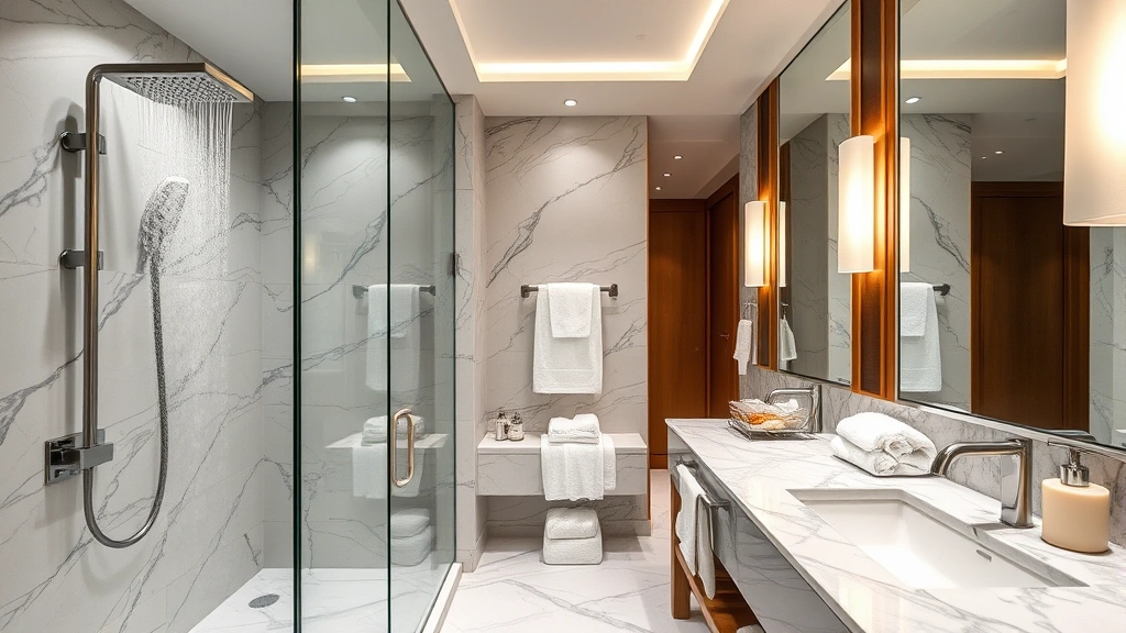 Upscale hotel bathroom featuring rainfall showerhead, marble countertops, fluffy towels, and spa amenities, luxury residential interior design