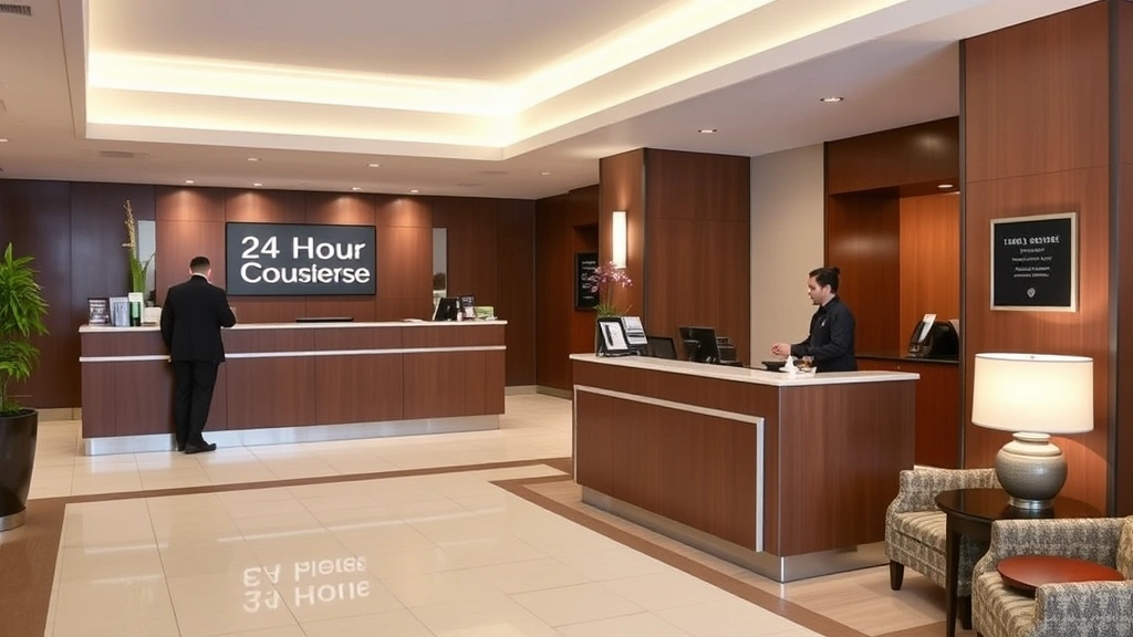 Hotel lobby with 24-hour front desk staff assisting guests, professional concierge service area, secure key card access system, welcoming hospitality space
