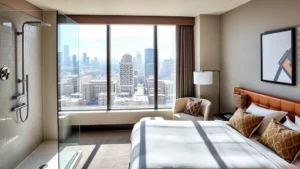 Modern hotel room with contemporary furniture, rainfall showerhead visible through open bathroom door, floor-to-ceiling windows overlooking Denver downtown skyline, neutral color palette with accent pillows, artistic wall decor, natural daylight streaming in