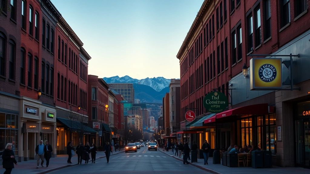 Downtown Denver street scene at dusk with historic brick buildings, pedestrians walking, warm street lighting, urban landscape with mountains visible in distance, modern storefronts and restaurants, vibrant neighborhood atmosphere without signage