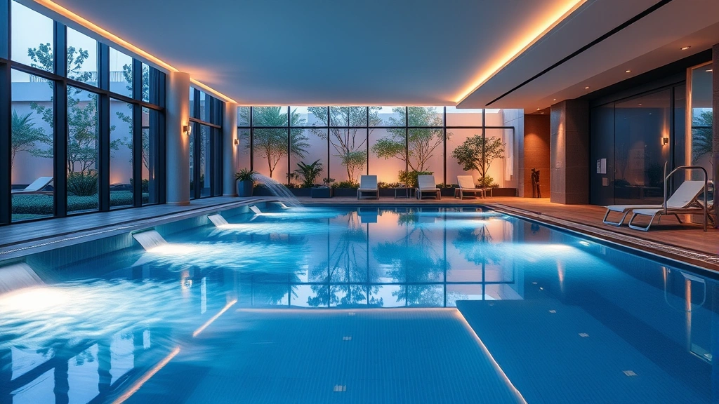 Modern heated indoor swimming pool with underwater lighting and steam rising, professional hotel facility with lounge chairs, contemporary architecture with floor-to-ceiling windows showing indoor garden area