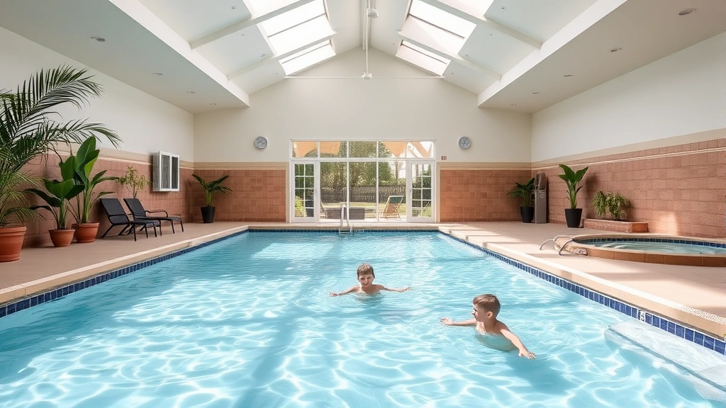 Spacious family indoor pool area with separate shallow children's section, warm water with gentle ripples, bright skylights overhead, adjacent hot tub visible, tropical plants surrounding deck area