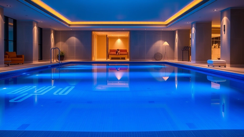 Luxury hotel indoor pool with infinity edge design, underwater ambient lighting creating blue glow, minimal occupancy showing peaceful atmosphere, spa area with sauna visible in background, premium towel service station