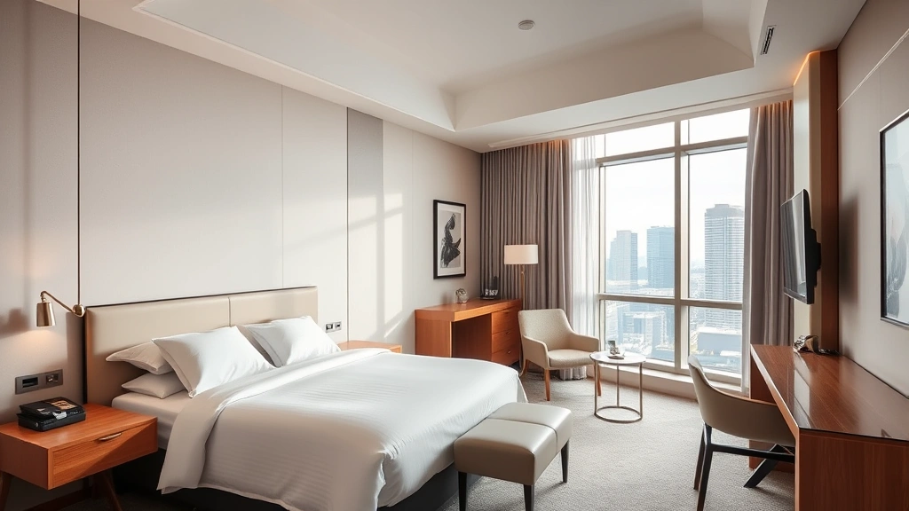 Modern hotel room interior with minimalist design, neutral color palette, quality bedding, contemporary furniture, large window showing city skyline, clean and sophisticated ambiance